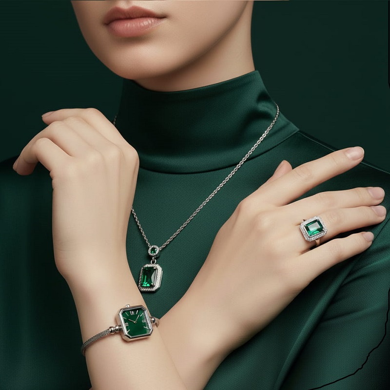 ست زنانه ساعت و گردنبند و انگشتر مدل زمرد-نقره ای